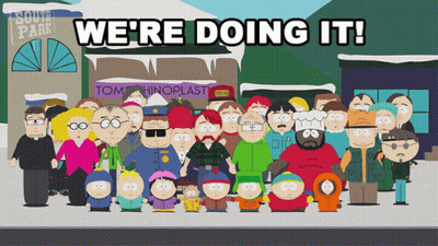 A Group Of South Park Characters Standing In Front Of A Building That Says Toms Hinoplast GIF