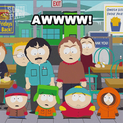 A Group Of South Park Characters Standing In Front Of A Restaurant With A Sign That Says Exit GIF