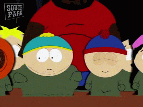 A Group Of South Park Characters Standing In Front Of A Sign GIF
