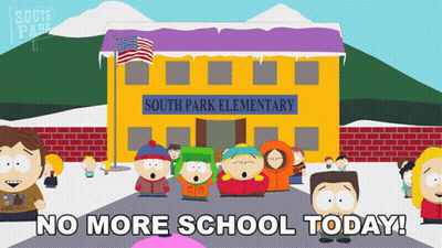 A Group Of South Park Characters Standing In Front Of A Yellow School Building GIF