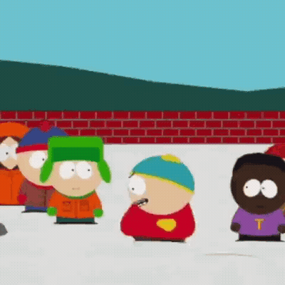 A Group Of South Park Characters Standing Next To Each Other In The Snow . GIF