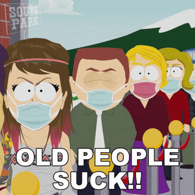 A Group Of South Park Characters Wearing Face Masks With The Words Old People Suck Below Them GIF