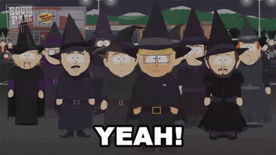 A Group Of South Park Characters Wearing Witch Hats Are Standing In Front Of A South Park Burger King GIF
