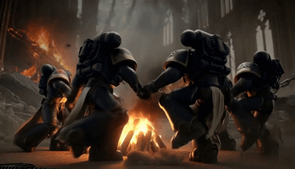 Space Marines Holding Hands Around Campfire GIF