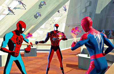 A Group Of Spider-Man Are Standing In A Room And Fighting Each Other GIF
