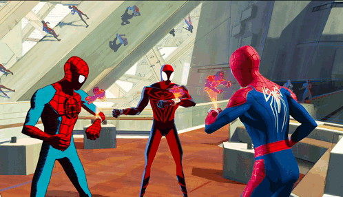 A Group Of Spider-Man Are Standing In A Room Fighting GIF