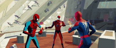 A Group Of Spider-Man Are Standing In A Room With A Large Window GIF