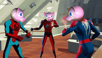 A Group Of Spider-Man Characters With Pig Heads GIF