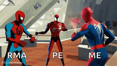 A Group Of Spider-Man Standing Next To Each Other In A Room . GIF