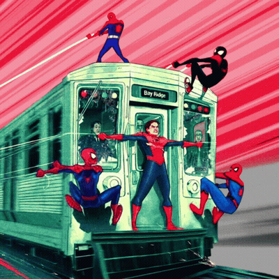 A Group Of Spider-Men Are Riding A Subway Train To Bay Ridge GIF