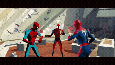 A Group Of Spider-Men Are Standing In A Room And One Of Them Has A Spider-Man Logo On His Back GIF