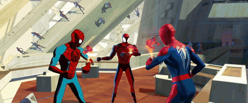 A Group Of Spider-Men Are Standing In A Room Fighting Each Other GIF