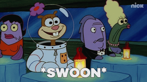 A Group Of Spongebob Characters Are Sitting At A Table With The Word Swoon Written On The Bottom GIF