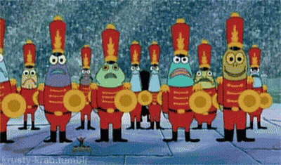 A Group Of Spongebob Characters In Red Uniforms Are Standing In A Line GIF