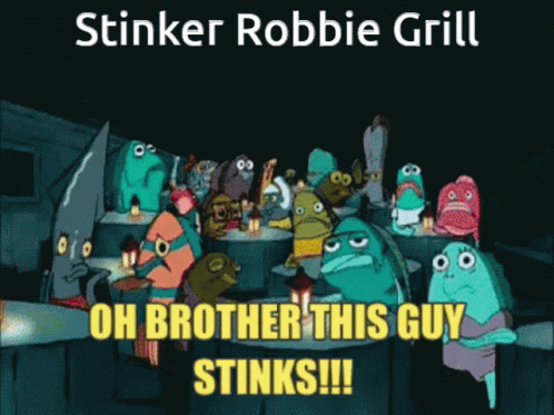 A Group Of Spongebob Characters Sitting Around A Table With The Caption Stinker Robbie Grill GIF