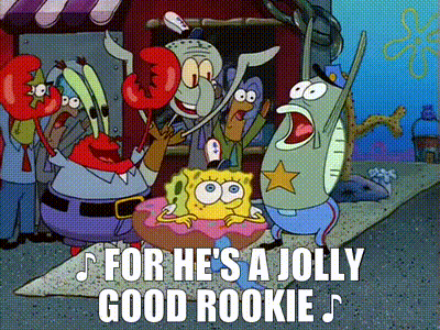 A Group Of Spongebob Squarepants Characters Are Singing A Song Called For He 'S A Jolly Good Rookie . GIF