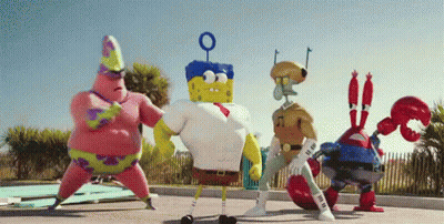 A Group Of Spongebob Squarepants Characters Are Standing Next To Each Other . GIF