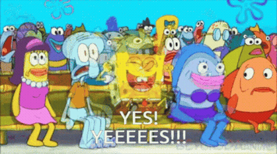 A Group Of Spongebob Squarepants Characters Sitting On A Bench With The Words Yes Yeeees Written On The Bottom GIF