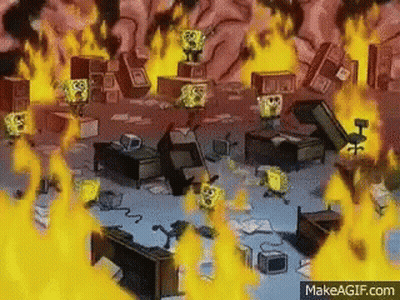A Group Of Spongebob Squarepants Standing In Front Of A Fire . GIF