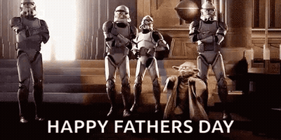 A Group Of Stormtroopers And Yoda Are Standing Next To Each Other In A Room On Father 'S Day . GIF