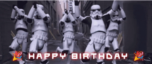 Stormtroopers Dancing On Street With Happy Birthday Text GIF