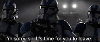 A Group Of Stormtroopers Standing Next To Each Other With The Words I 'M Sorry Sir It 'S Time For You To GIF