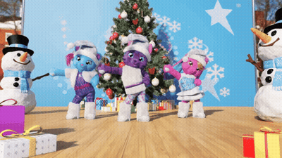 A Group Of Stuffed Animals Are Dancing In Front Of A Christmas Tree And Snowmen GIF
