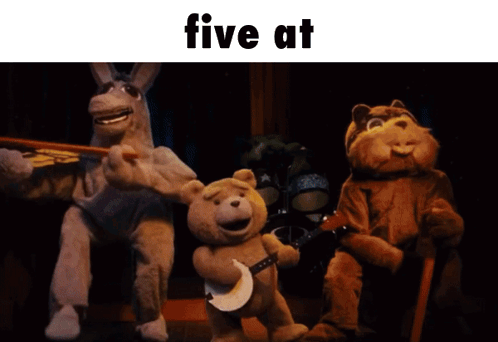 A Group Of Stuffed Animals Are Playing Music And The Words Five At The Top GIF