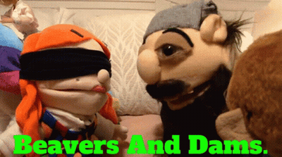 A Group Of Stuffed Animals Are Sitting On A Couch With The Words Beavers And Dams Above Them GIF