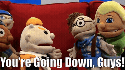 A Group Of Stuffed Animals Are Sitting On A Red Couch With The Words " You 'Re Going Down Guys " Above Them GIF