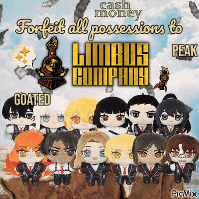 A Group Of Stuffed Animals Are Sitting On A Rock Under A Banner That Says Cash Money Forfeit All Possessions To Limbus C GIF