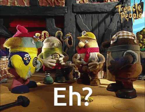 A Group Of Stuffed Animals Are Standing In Front Of A Sign That Says Eh GIF