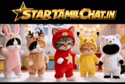 A Group Of Stuffed Animals Are Standing Next To Each Other In Front Of A Sign That Says Starttamilchat.in GIF