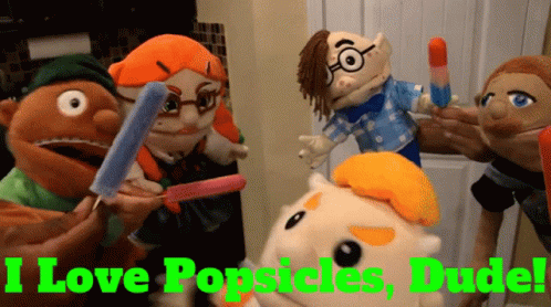 A Group Of Stuffed Animals Holding Popsicles With The Words " I Love Popsicles Dude " On The Bottom GIF