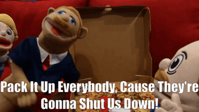 A Group Of Stuffed Animals Sitting Around A Pizza Box With The Words Pack It Up Everybody Cause They GIF