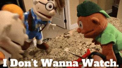 A Group Of Stuffed Animals Standing On A Counter With The Words I Don 'T Wanna Watch GIF
