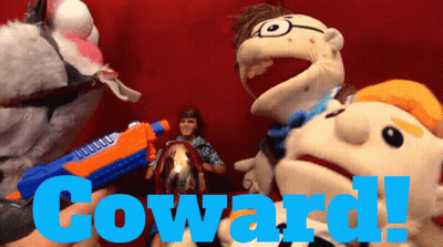 A Group Of Stuffed Animals With The Word Coward In Blue Letters GIF