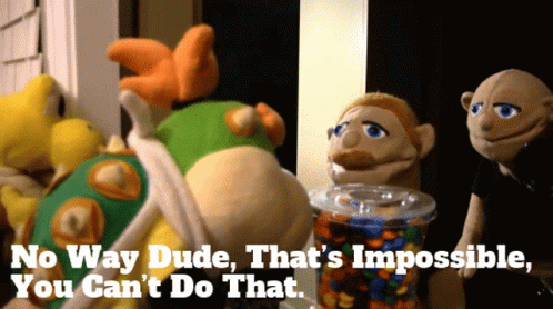 A Group Of Stuffed Animals With The Words No Way Dude That 'S Impossible You Can T Do That GIF