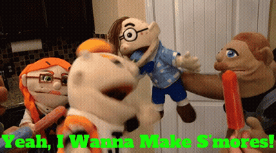 A Group Of Stuffed Animals With The Words Yeah I Wanna Make S'mores Written Above Them GIF