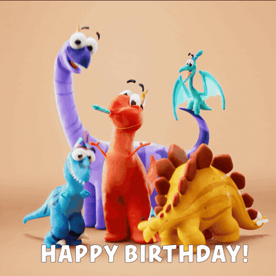 A Group Of Stuffed Dinosaurs Standing Next To Each Other With The Words Happy Birthday Written Below Them GIF