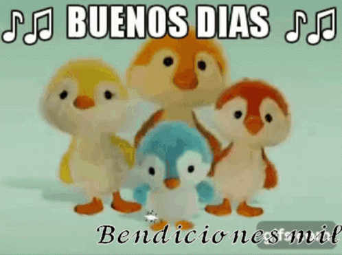 A Group Of Stuffed Penguins Are Standing Next To Each Other With The Words Buenos Dias Alma Bendiciones Mil GIF