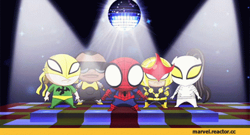 A Group Of Superhero Characters Are Dancing In Front Of A Disco Ball With The Url Marvel.reactor.cc At The Bottom GIF