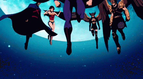 A Group Of Superheroes Are Flying In The Air With A Full Moon In The Background GIF