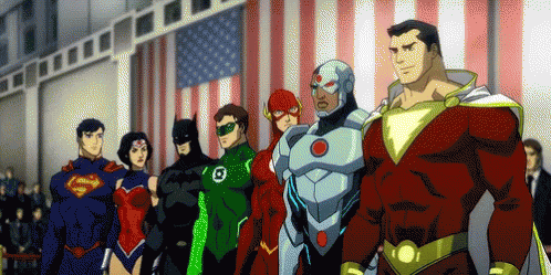 A Group Of Superheroes Standing In Front Of A Flag GIF