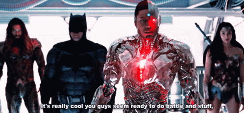 A Group Of Superheroes Standing Next To Each Other With One Saying It 'S Really Cool GIF