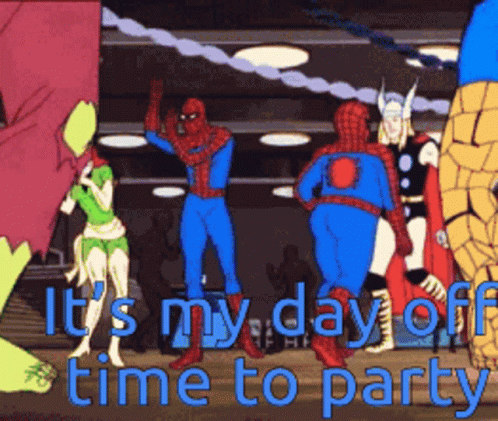 A Group Of Superheros Are Dancing In A Room With The Words It 'S My Day Off Time To Party GIF