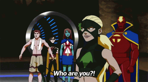 A Group Of Superheros Are Standing Together And One Of Them Is Asking Who Are You GIF