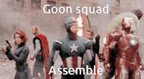 A Group Of Superheros With The Words Goon Squad Assemble On The Bottom Right GIF