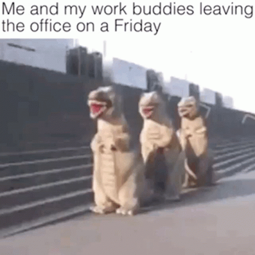 A Group Of T-Rex Costumes Are Walking Down A Street . GIF