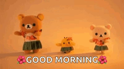 A Group Of Teddy Bears And Chickens Are Dancing In Hawaiian Outfits . GIF